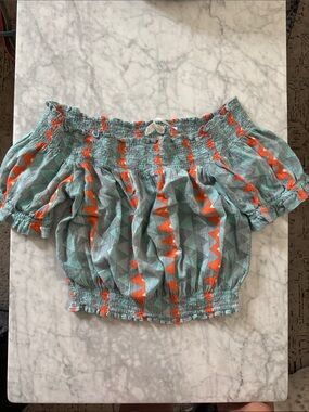 Anthropologie teal green Orange Smocked Off-Shoulder Crop Top shirt M